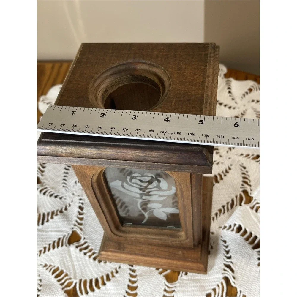 Vintage Wooden Candle Luminary Holder With Glass Flower Box Decor